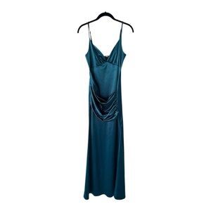 Fashion Nova Teal Blue Satin Gown Formal Wedding Prom Size Large Ruched Waist